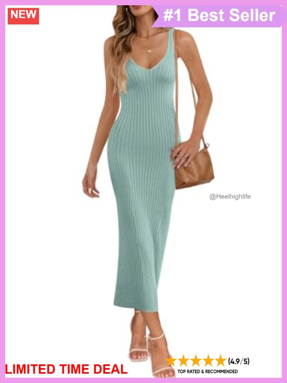 Sleeveless Deep V Neck Rib Knit Bodycon Midi Dress Casual Summer